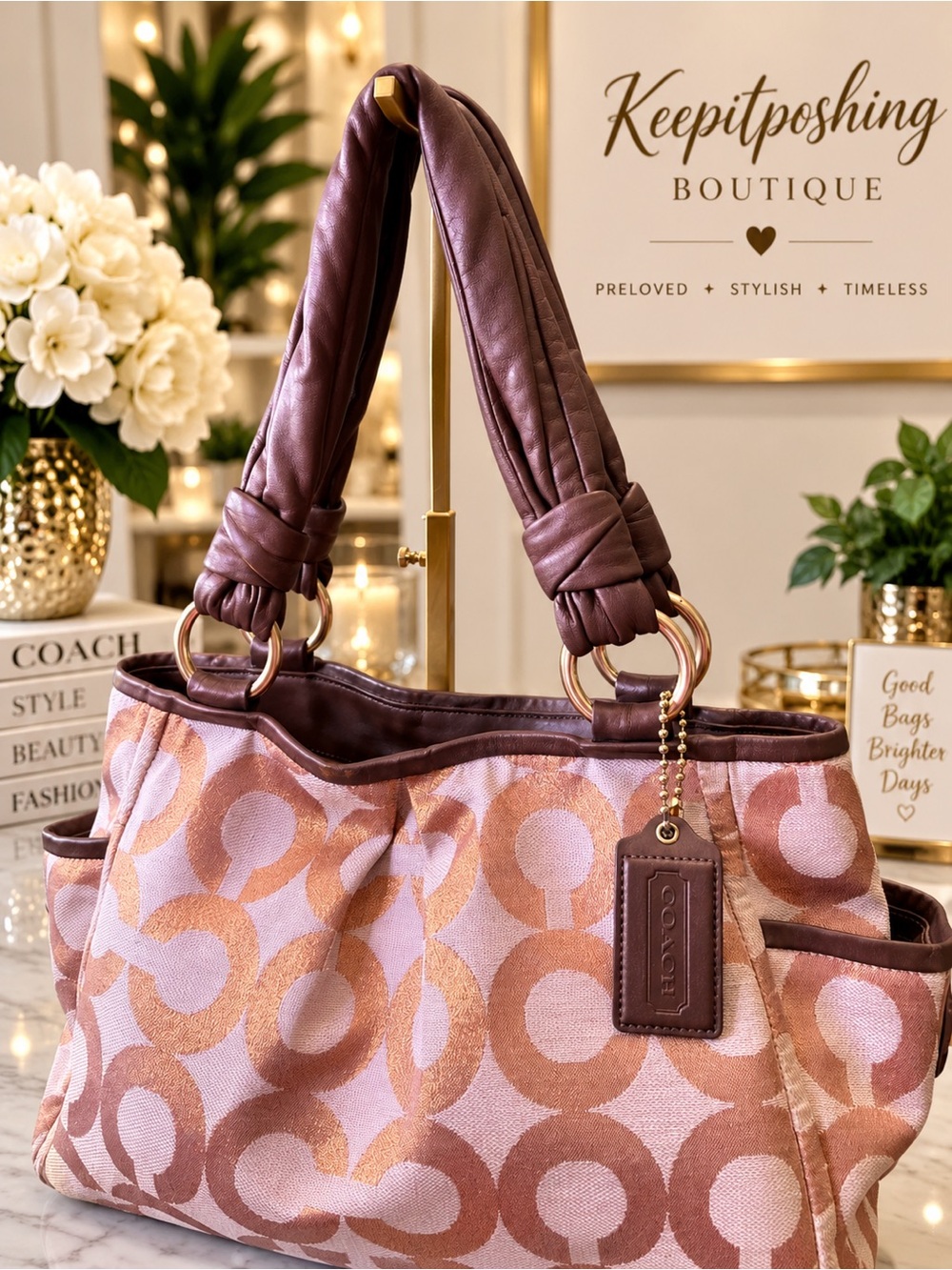 Coach Pink & Brown Signature Canvas Shoulder Bag - Picture 3 of 7